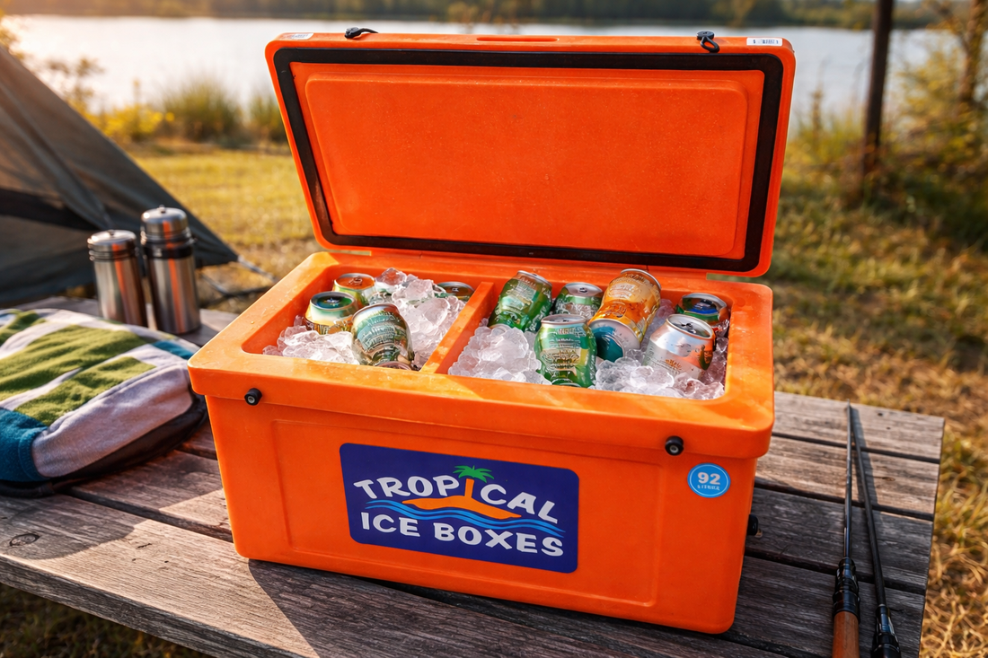 tropical-92l-ice-box-open-with-ice-and-drinks-at-campsite