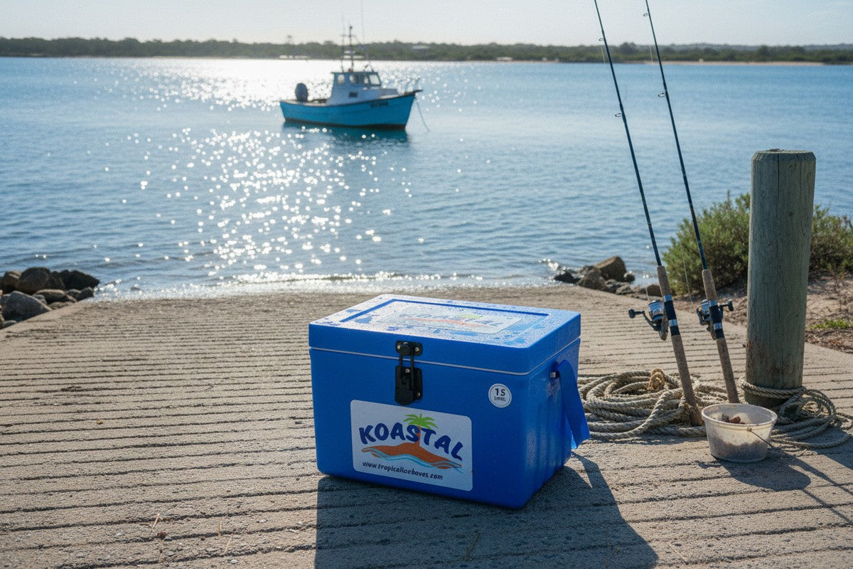 koastal-ice-box-on-boat-ramp-with-ocean-and-fishing-rods-in-background