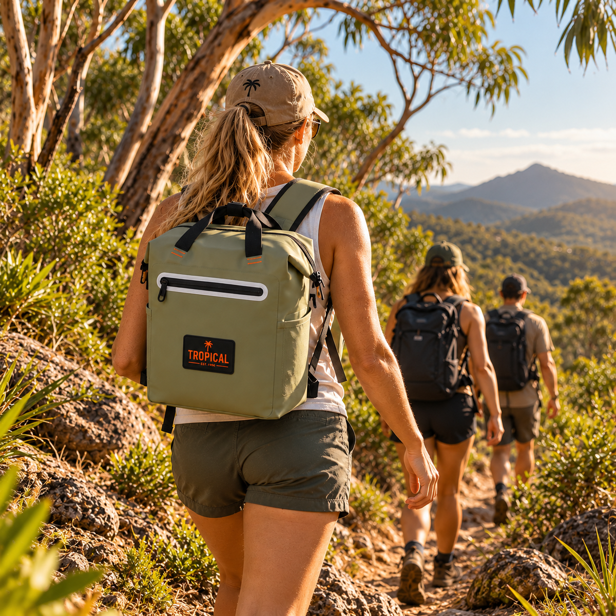 Tropical Backpack Cooler Bag in Saltbush worn while hiking with friends in the Australian bush