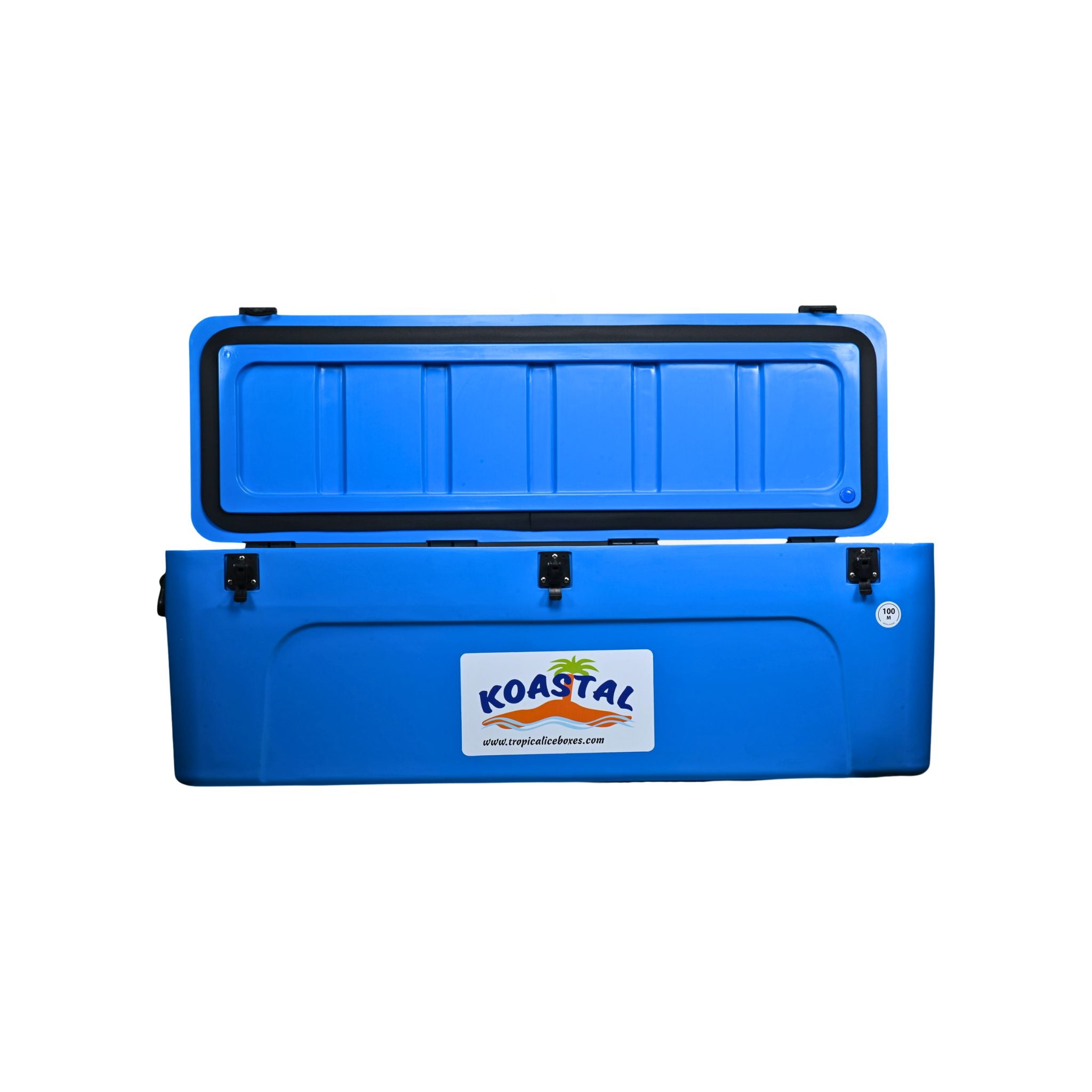 koastal-200l-mackerel-box-long-ice-box-blue-open-lid-front-view