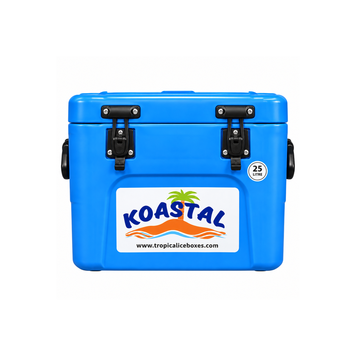 Front view of the Koastal 25L blue ice box with black latches, side handles and Koastal branding