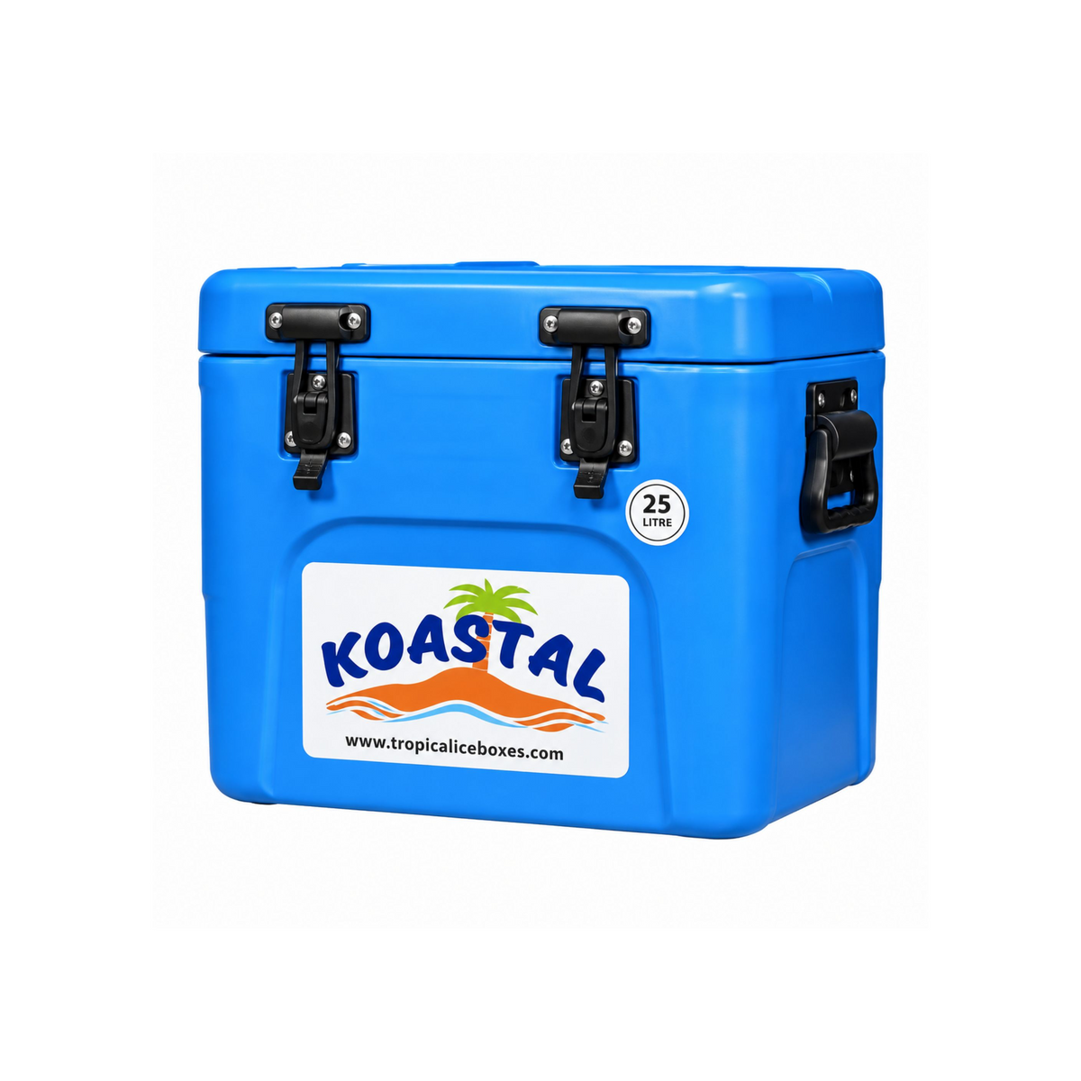 Koastal 25L blue ice box with black latches, side handles and Koastal branding