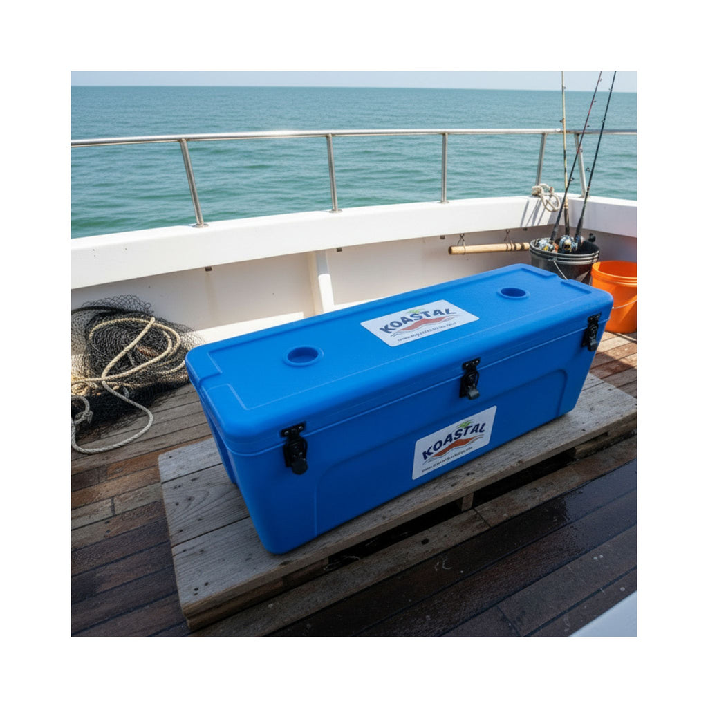 koastal-100l-long-ice-box-on-boat-deck-with-fishing-gear