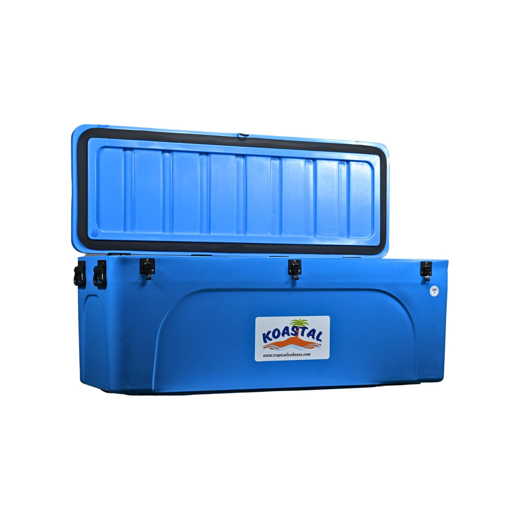 koastal-200l-mackerel-box-long-ice-box-blue-open-lid-angled-view