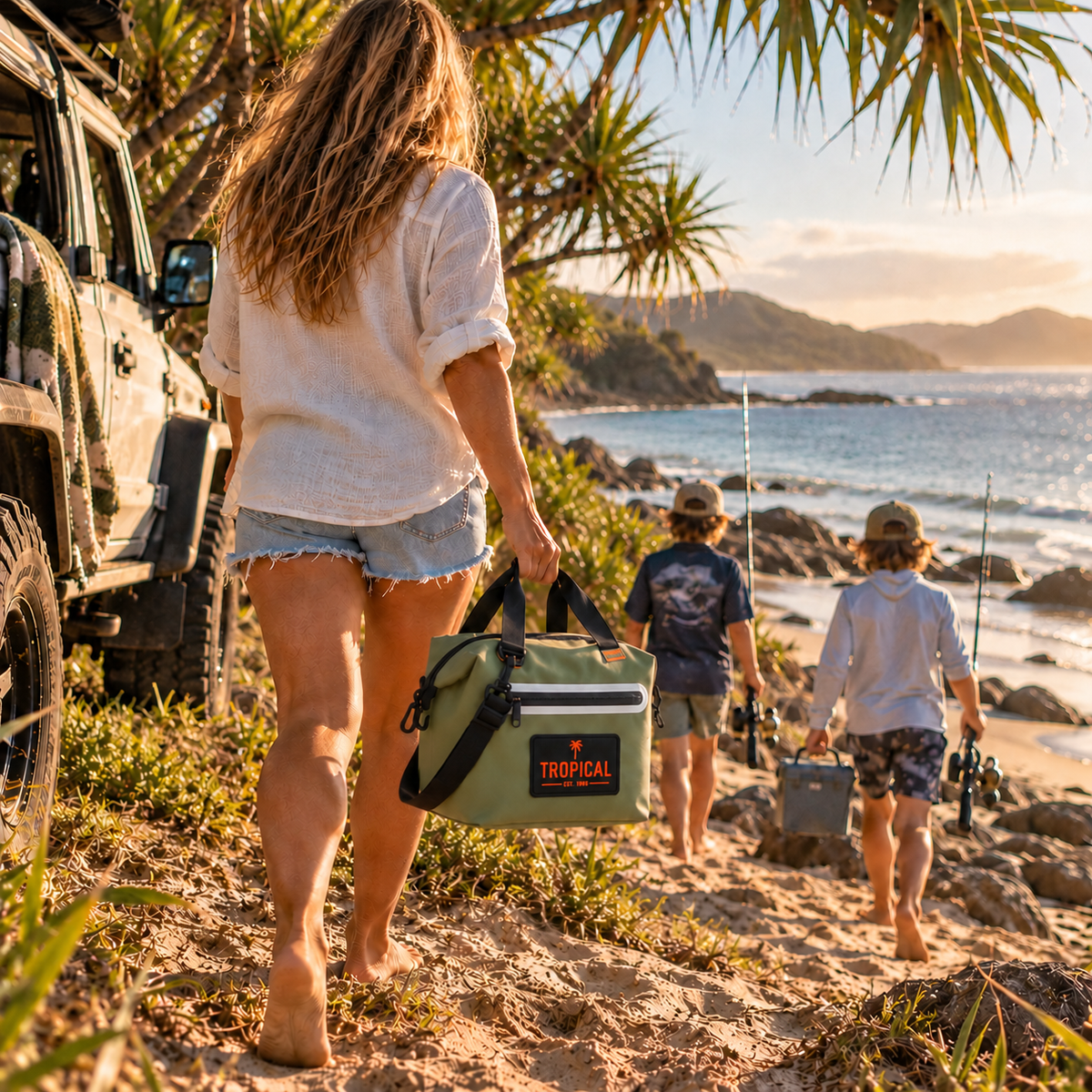 Tropical Lunch Cooler Bag in Saltbush carried to the beach with kids heading out fishing