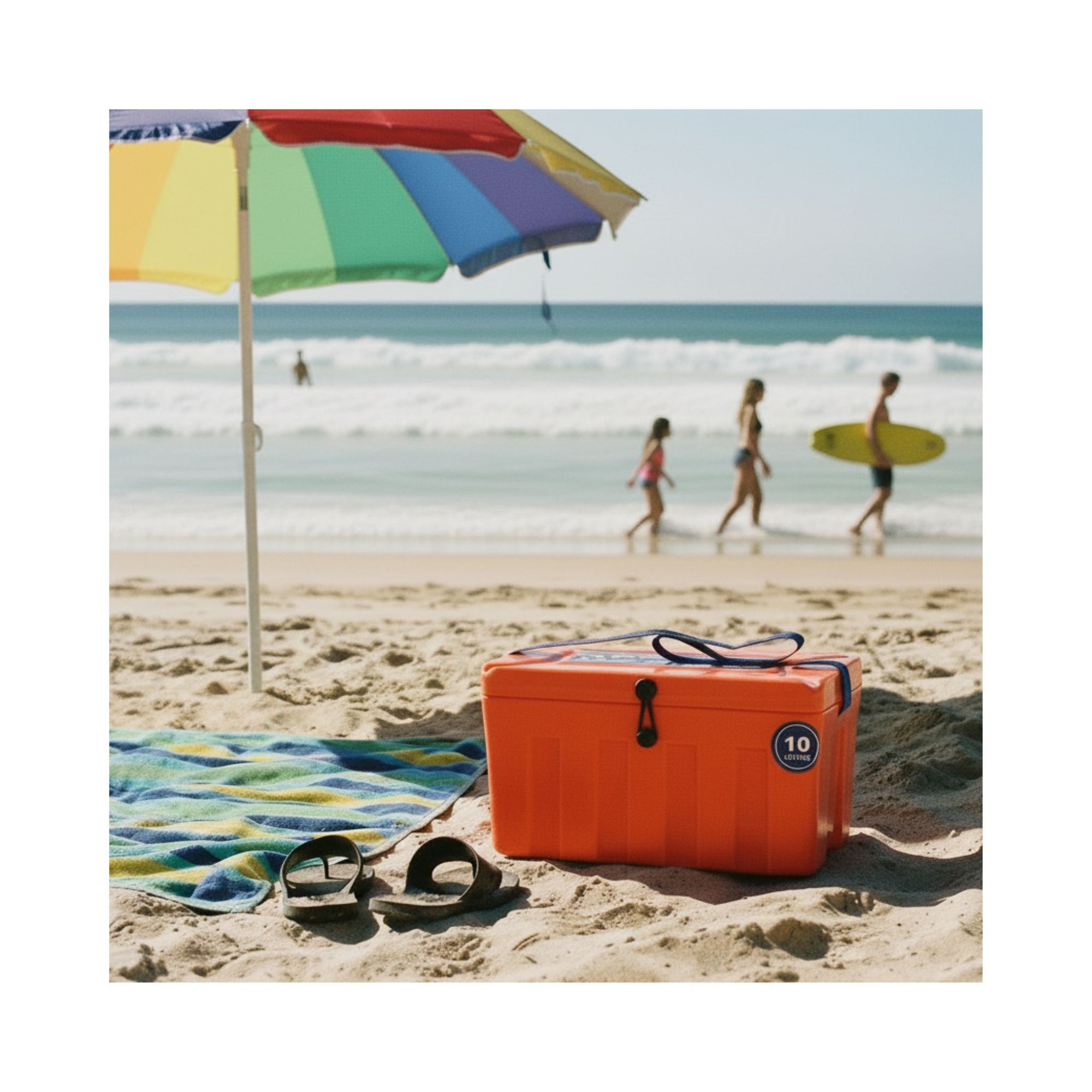 t10-tropical-ice-box-10l-orange-on-beach-with-towel-and-umbrella