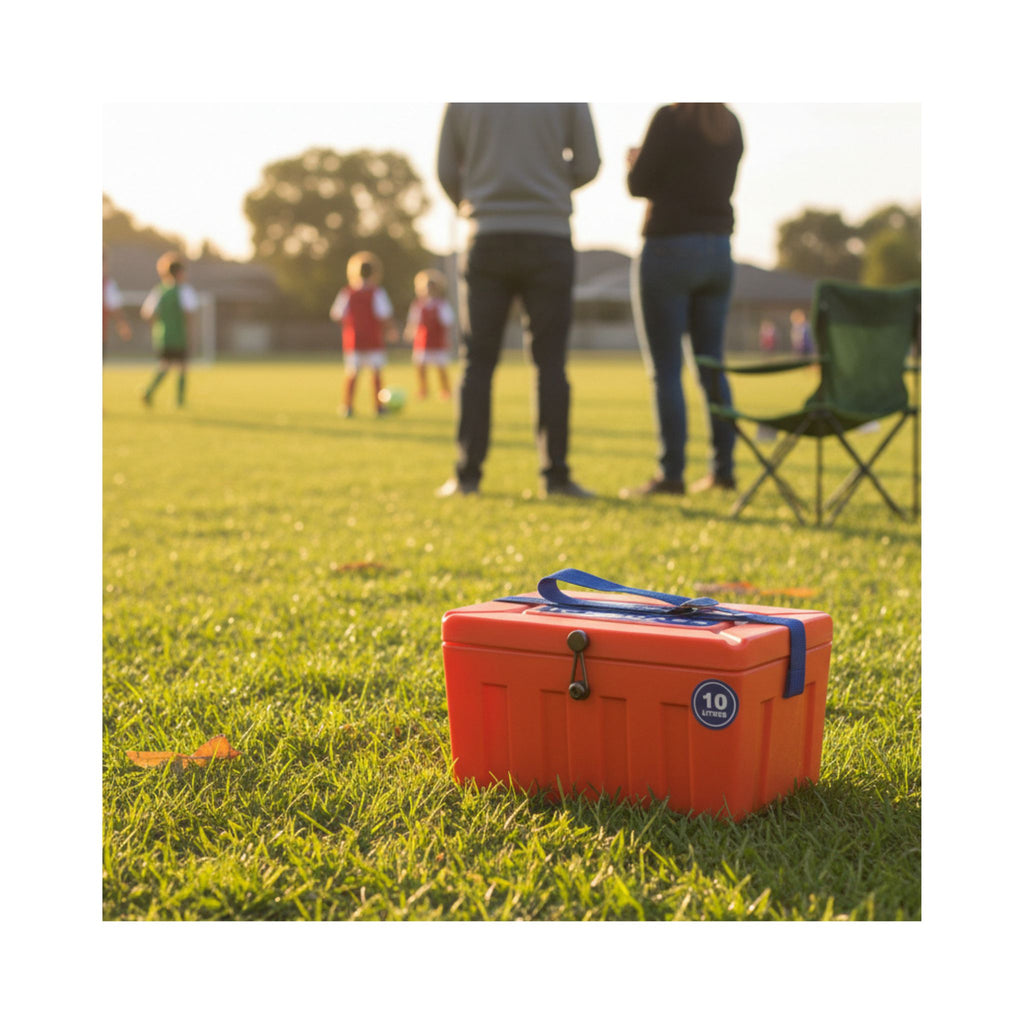 t10-tropical-ice-box-10l-orange-at-kids-soccer-game-on-grass