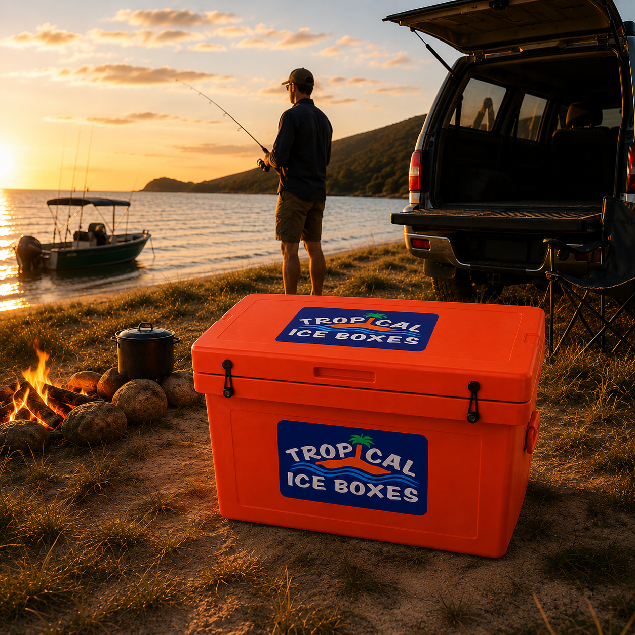 t85-tropical-ice-box-on-beach-man-fishing-and-boat-in-water-and-camp-fire