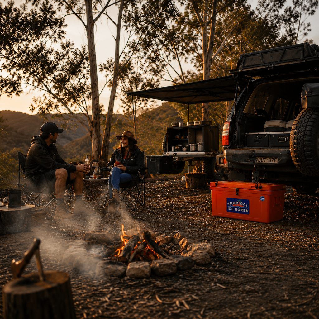 tropical-126-litre-ice-box-orange-couple-off-grid-camping