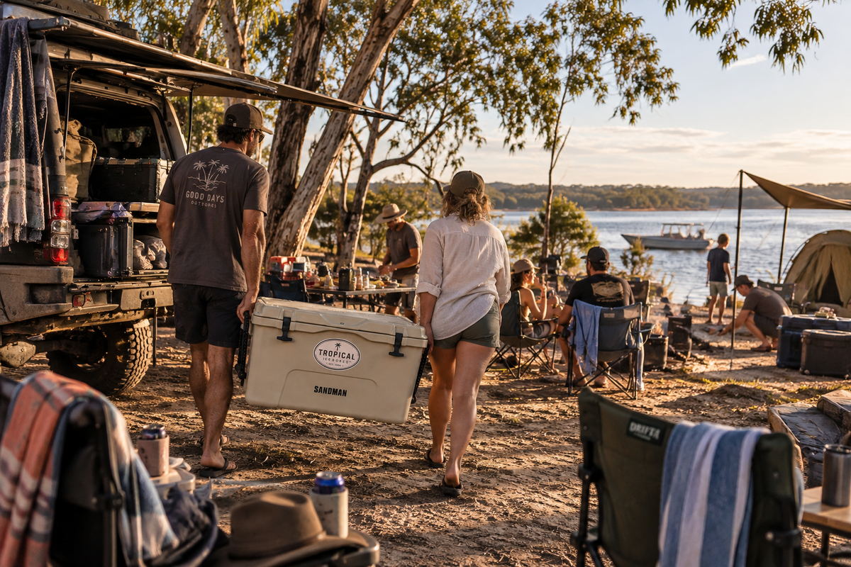 Tropical 65L Lifestyle Ice Box at a campsite with family and friends
